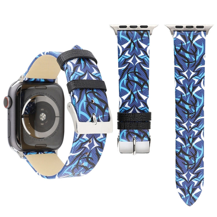 Thorns Printing Genuine Leather Watch Band for Apple Watch Ultra 49mm&Watch Ultra 2 49mm / Series 10 46mm / 9&8&7 45mm / SE 3&SE 2&6&SE&5&4 44mm / 3&2&1 42mm, 44mm