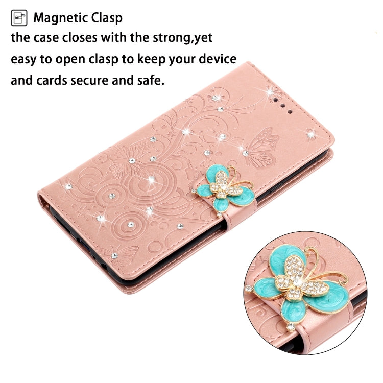 Horizontal Rhinestone Butterfly Embossed Leather Case with Card Slot & Wallet & Holder, For Huawei P40