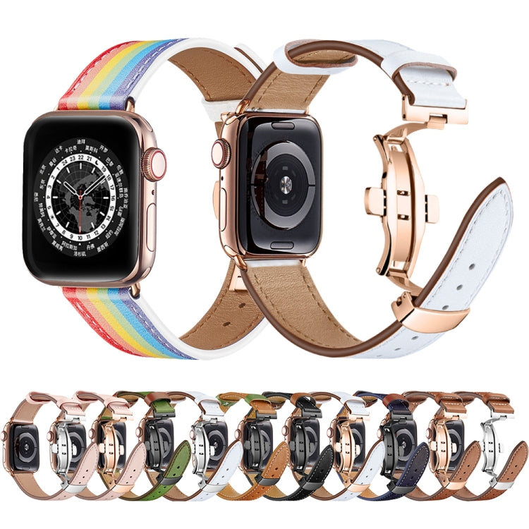 Butterfly Buckle Genuine Leather Watch Band, For Apple Watch Ultra 49mm / Series 8&7 45mm / SE 2&6&SE&5&4 44mm / 3&2&1 42mm