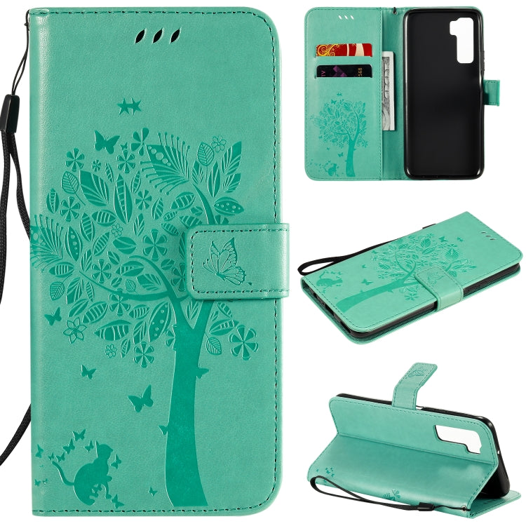 Tree & Cat Embossed Pattern Horizontal Flip Leather Case with Holder & Card Slots & Wallet & Lanyard, For Huawei Nova 7 SE, For Huawei Nova 7