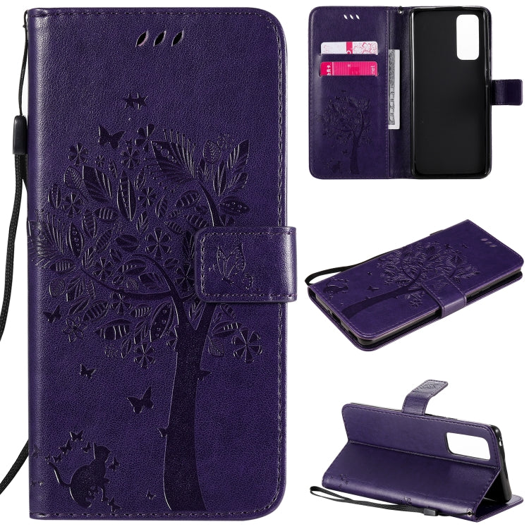 Tree & Cat Embossed Pattern Horizontal Flip Leather Case with Holder & Card Slots & Wallet & Lanyard, For Huawei Honor 9A, For Huawei Honor 30 Pro