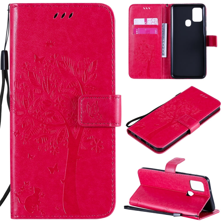 Tree & Cat Embossed Pattern Horizontal Flip Leather Case with Holder & Card Slots & Wallet & Lanyard, For Samsung Galaxy A21s, For Samsung Galaxy A31