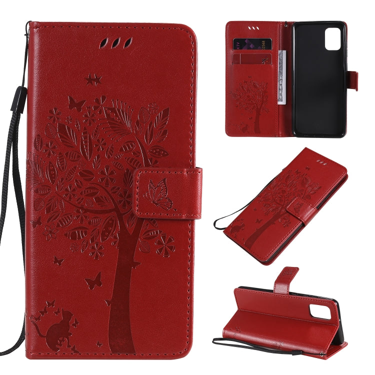 Tree & Cat Embossed Pattern Horizontal Flip Leather Case with Holder & Card Slots & Wallet & Lanyard, For Samsung Galaxy A21s, For Samsung Galaxy A31