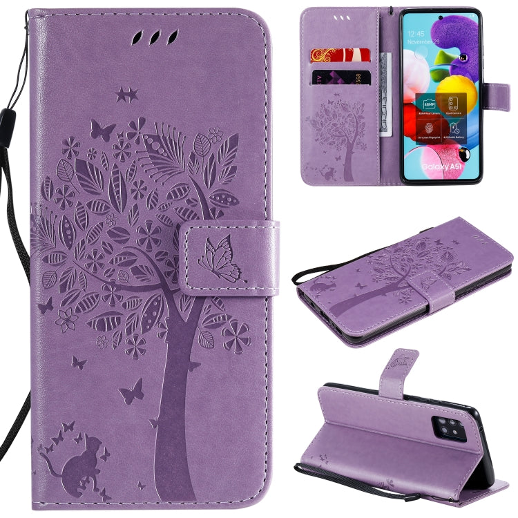 Tree & Cat Embossed Pattern Horizontal Flip Leather Case with Holder & Card Slots & Wallet & Lanyard, For Samsung Galaxy A41, For Samsung Galaxy A51 5G