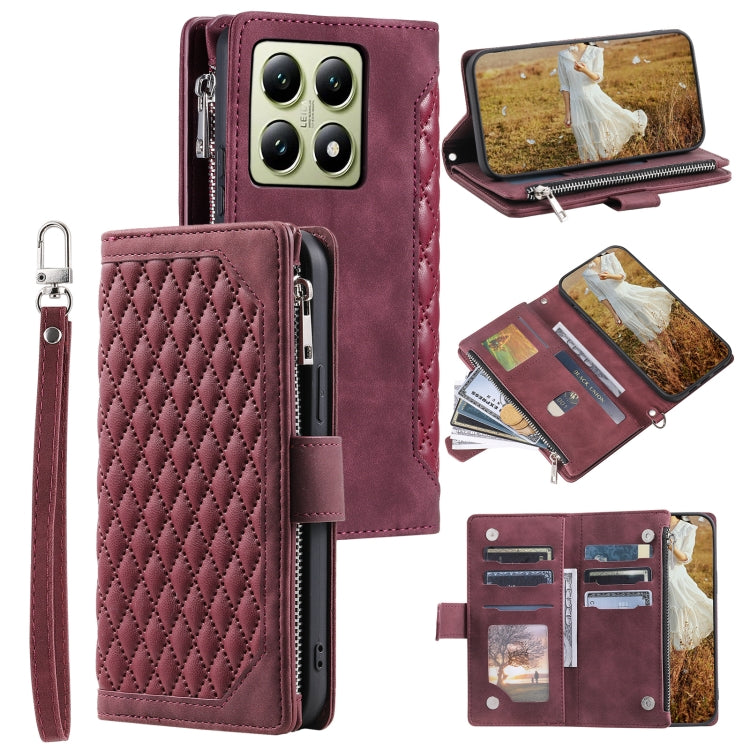 Grid Texture Zipper Leather Phone Case with Lanyard, For Xiaomi 15 Pro, For Xiaomi 15, For Xiaomi 14T Pro, For Xiaomi 14T