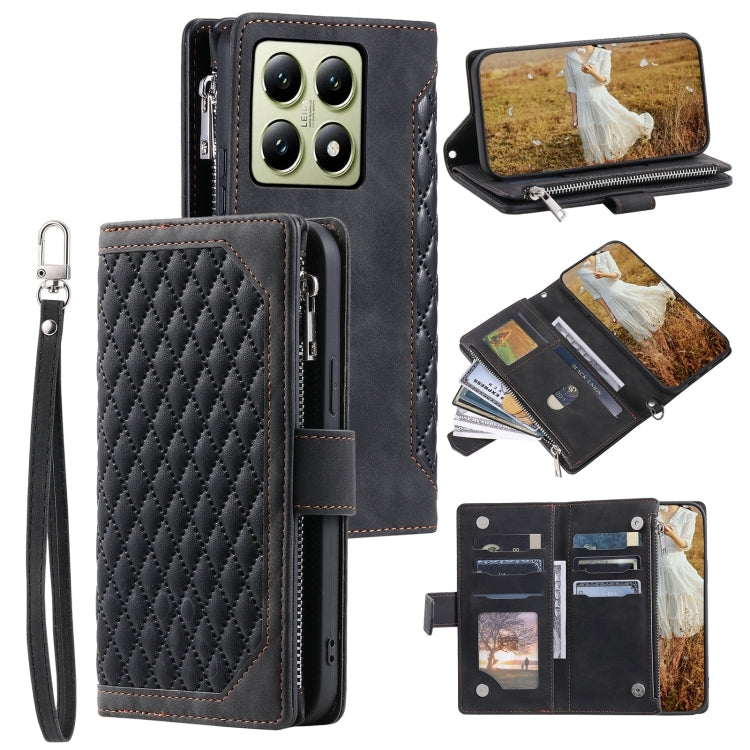 Grid Texture Zipper Leather Phone Case with Lanyard, For Xiaomi 15 Pro, For Xiaomi 15, For Xiaomi 14T Pro, For Xiaomi 14T