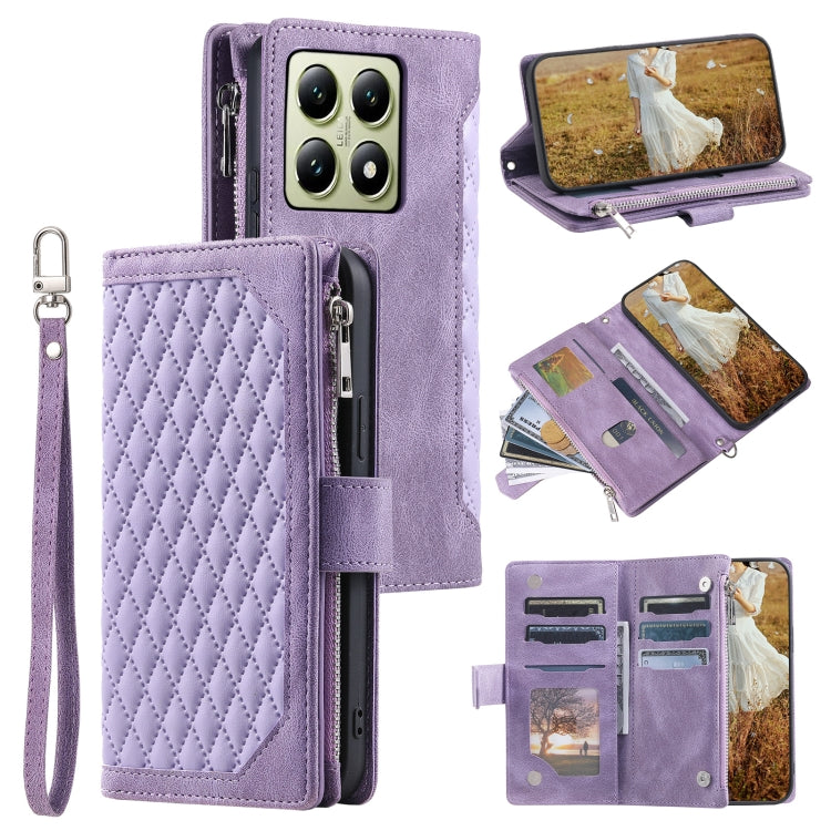 Grid Texture Zipper Leather Phone Case with Lanyard, For Xiaomi 15 Pro, For Xiaomi 15, For Xiaomi 14T Pro, For Xiaomi 14T