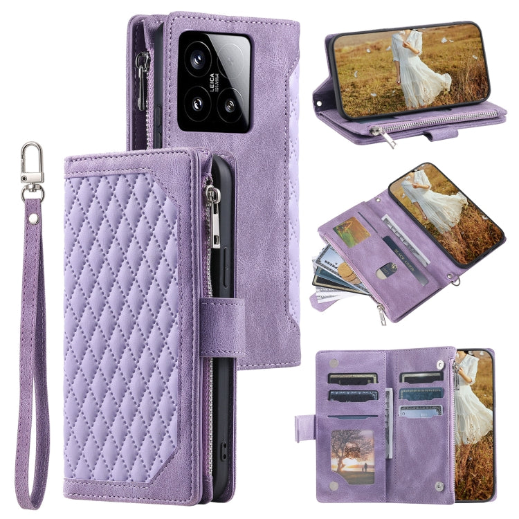 Grid Texture Zipper Leather Phone Case with Lanyard, For Xiaomi 15 Pro, For Xiaomi 15, For Xiaomi 14T Pro, For Xiaomi 14T