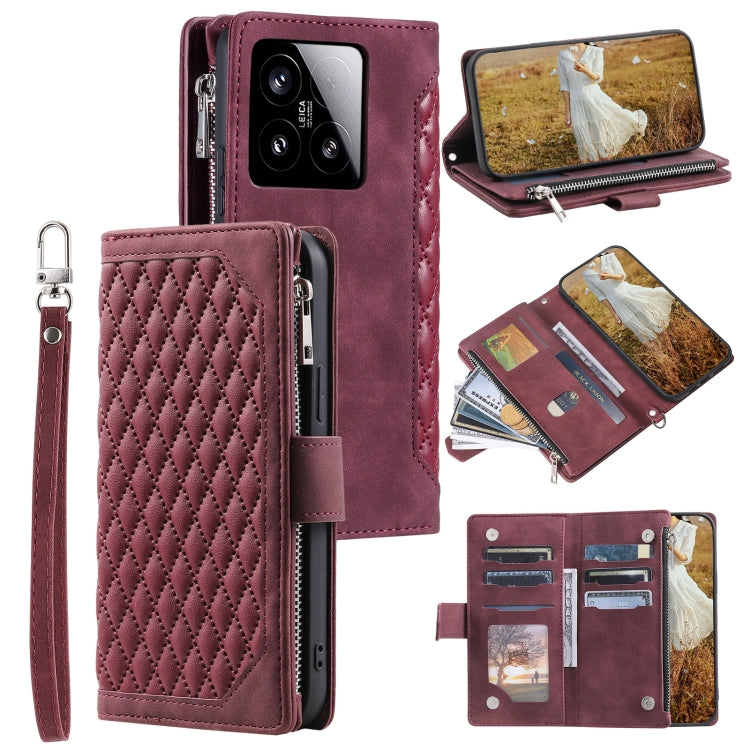 Grid Texture Zipper Leather Phone Case with Lanyard, For Xiaomi 15 Pro, For Xiaomi 15, For Xiaomi 14T Pro, For Xiaomi 14T