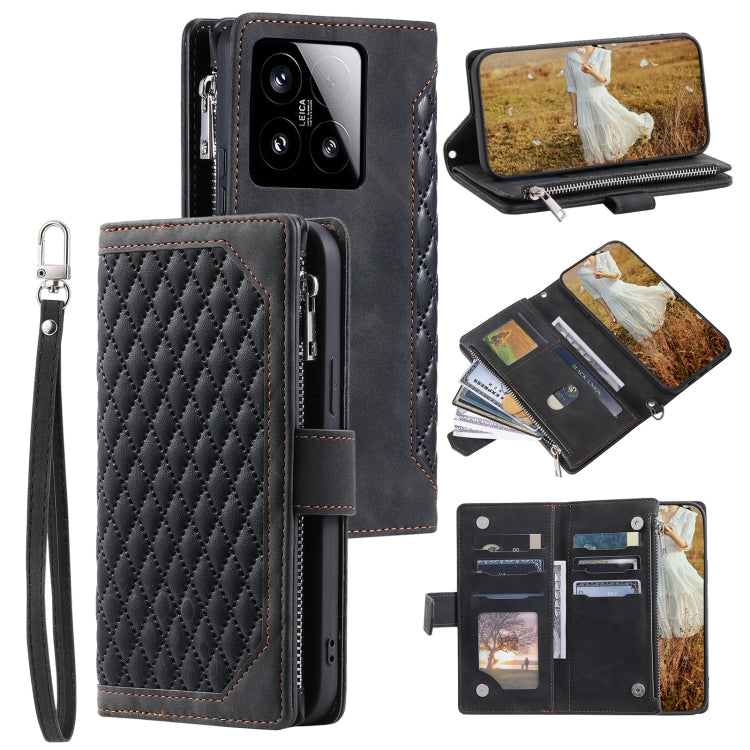 Grid Texture Zipper Leather Phone Case with Lanyard, For Xiaomi 15 Pro, For Xiaomi 15, For Xiaomi 14T Pro, For Xiaomi 14T