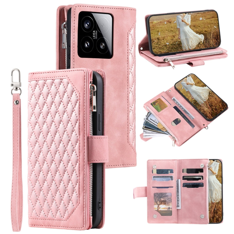 Grid Texture Zipper Leather Phone Case with Lanyard, For Xiaomi 15 Pro, For Xiaomi 15, For Xiaomi 14T Pro, For Xiaomi 14T