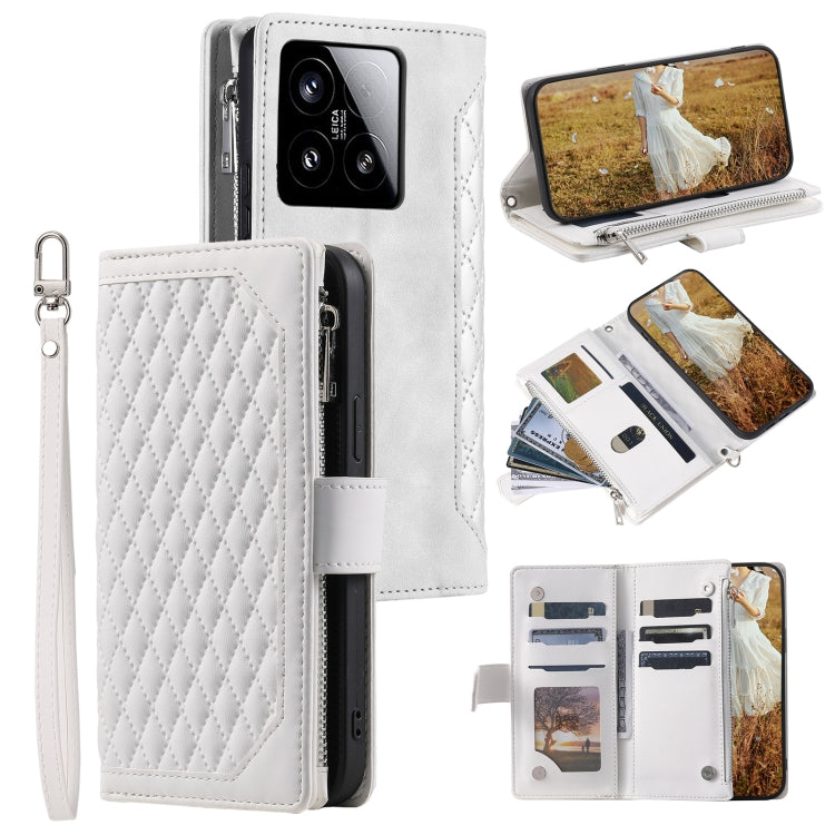 Grid Texture Zipper Leather Phone Case with Lanyard, For Xiaomi 15 Pro, For Xiaomi 15, For Xiaomi 14T Pro, For Xiaomi 14T