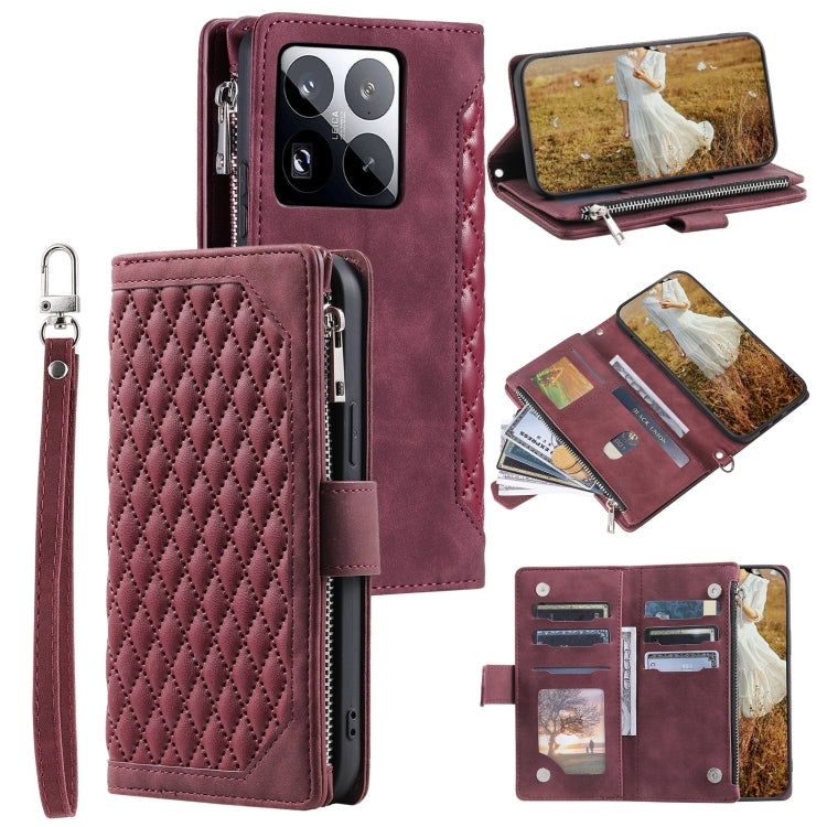 Grid Texture Zipper Leather Phone Case with Lanyard, For Xiaomi 15 Pro, For Xiaomi 15, For Xiaomi 14T Pro, For Xiaomi 14T