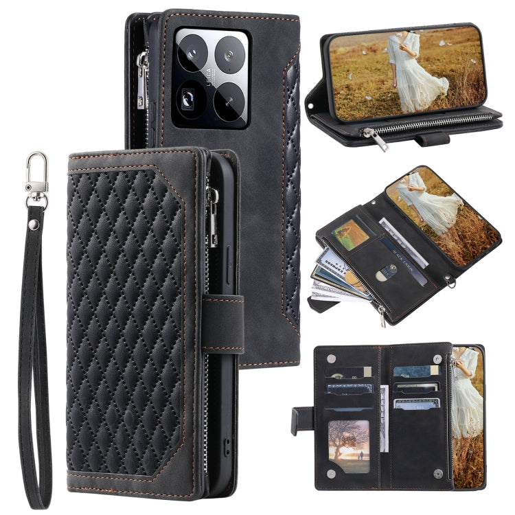 Grid Texture Zipper Leather Phone Case with Lanyard, For Xiaomi 15 Pro, For Xiaomi 15, For Xiaomi 14T Pro, For Xiaomi 14T