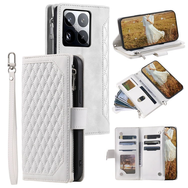 Grid Texture Zipper Leather Phone Case with Lanyard, For Xiaomi 15 Pro, For Xiaomi 15, For Xiaomi 14T Pro, For Xiaomi 14T