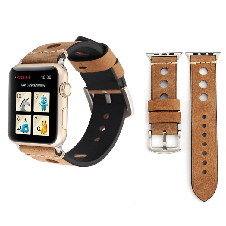 For Apple Watch Series 7 45mm / 6 &amp; SE &amp; 5 &amp; 4 44mm / 42mm 3 &amp; 2 &amp; 1 Retro Hole Genuine Leather Wrist Watch Band, For 42mm