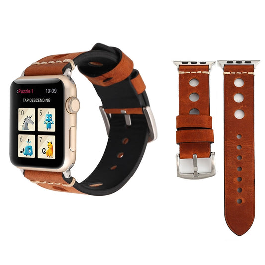 For Apple Watch Series 7 45mm / 6 &amp; SE &amp; 5 &amp; 4 44mm / 42mm 3 &amp; 2 &amp; 1 Retro Hole Genuine Leather Wrist Watch Band, For 42mm