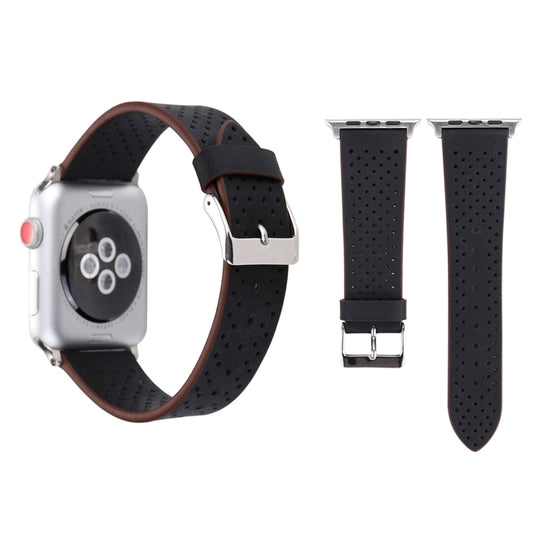 For Apple Watch Series 10 42mm / 9&8&7 41mm / SE 3&SE 2&6&SE&5&4 40mm / 3&2&1 38mm Simple Fashion Genuine Leather Hole Pattern Watch Band, 38mm