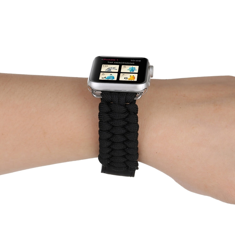 Magic Paste Genuine Leather Umbrella Rope Nylon Wrist Watch Band with and Stainless Steel Buckle for Apple Watch Series 10 42mm / 9&8&7 41mm / SE 3&SE 2&6&SE&5&4 40mm / 3&2&1 38mm, 7 41mm / 6&SE&5&4 40mm / 3&2&1 38mm