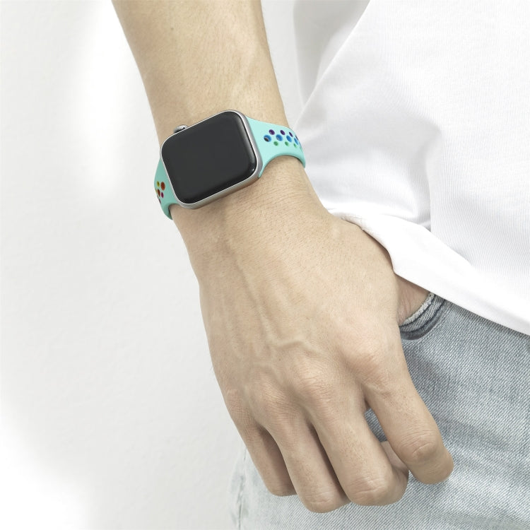 Rainbow Silicone Watchband For Apple Watch Series 6 & SE & 5 & 4 40mm / 3 & 2 & 1 38mm, For Apple Watch Series 8&7 41mm / SE 2&6&SE&5&4 40mm / 3&2&1 38mm, For Apple Watch Series 7 41mm / 6 & SE & 5 & 4 40mm / 3 & 2 & 1 38mm