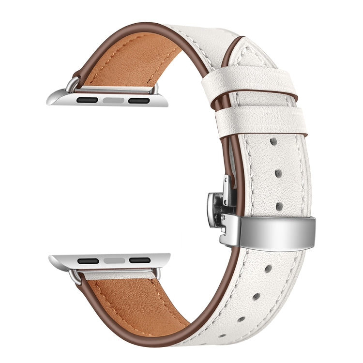 Genuine Leather + Butterfly Silver Buckle Replacement Watchbands For Apple Watch Series 6 &amp; SE &amp; 5 &amp; 4 44mm / 3 &amp; 2 &amp; 1 42mm, Silver Buckle For Apple Watch Series 7 45mm / 6 &amp; SE &amp; 5 &amp; 4 44mm / 3 &amp; 2 &amp; 1 42mm