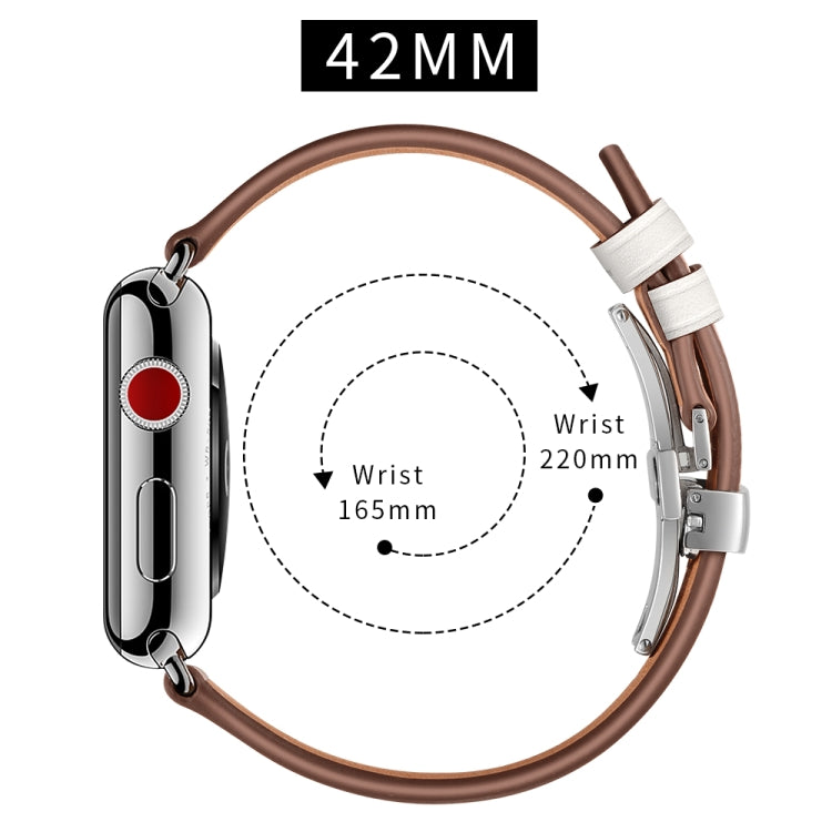 Genuine Leather + Butterfly Silver Buckle Replacement Watchbands For Apple Watch Series 6 &amp; SE &amp; 5 &amp; 4 44mm / 3 &amp; 2 &amp; 1 42mm, Silver Buckle For Apple Watch Series 7 45mm / 6 &amp; SE &amp; 5 &amp; 4 44mm / 3 &amp; 2 &amp; 1 42mm