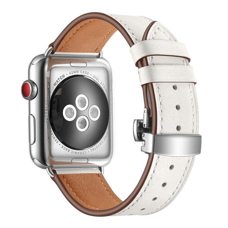 Genuine Leather + Butterfly Silver Buckle Replacement Watchbands For Apple Watch Series 6 &amp; SE &amp; 5 &amp; 4 44mm / 3 &amp; 2 &amp; 1 42mm, Silver Buckle For Apple Watch Series 7 45mm / 6 &amp; SE &amp; 5 &amp; 4 44mm / 3 &amp; 2 &amp; 1 42mm