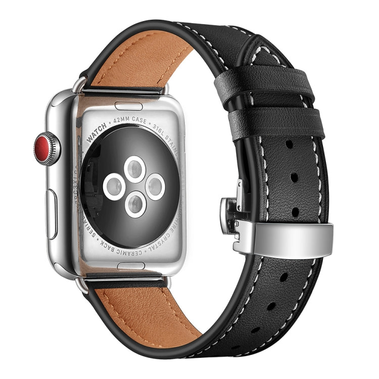 Genuine Leather + Butterfly Silver Buckle Replacement Watchbands For Apple Watch Series 6 &amp; SE &amp; 5 &amp; 4 44mm / 3 &amp; 2 &amp; 1 42mm, Silver Buckle For Apple Watch Series 7 45mm / 6 &amp; SE &amp; 5 &amp; 4 44mm / 3 &amp; 2 &amp; 1 42mm