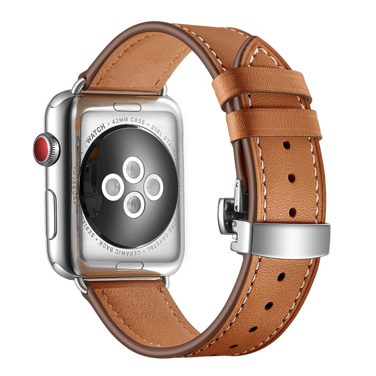 Genuine Leather + Butterfly Silver Buckle Replacement Watchbands For Apple Watch Series 6 &amp; SE &amp; 5 &amp; 4 44mm / 3 &amp; 2 &amp; 1 42mm, Silver Buckle For Apple Watch Series 7 45mm / 6 &amp; SE &amp; 5 &amp; 4 44mm / 3 &amp; 2 &amp; 1 42mm