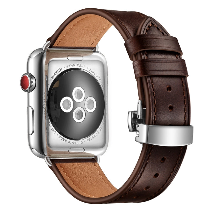 Genuine Leather + Butterfly Silver Buckle Replacement Watchbands For Apple Watch Series 6 &amp; SE &amp; 5 &amp; 4 44mm / 3 &amp; 2 &amp; 1 42mm, Silver Buckle For Apple Watch Series 7 45mm / 6 &amp; SE &amp; 5 &amp; 4 44mm / 3 &amp; 2 &amp; 1 42mm