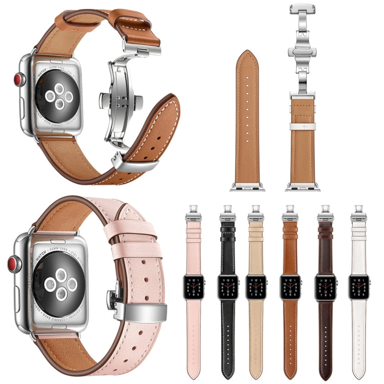 Genuine Leather + Butterfly Silver Buckle Replacement Watchbands For Apple Watch Series 6 &amp; SE &amp; 5 &amp; 4 44mm / 3 &amp; 2 &amp; 1 42mm, Silver Buckle For Apple Watch Series 7 45mm / 6 &amp; SE &amp; 5 &amp; 4 44mm / 3 &amp; 2 &amp; 1 42mm