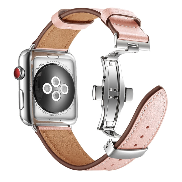 Genuine Leather + Butterfly Silver Buckle Replacement Watchbands For Apple Watch Series 6 &amp; SE &amp; 5 &amp; 4 40mm / 3 &amp; 2 &amp; 1 38mm, Silver Buckle For Apple Watch Series 7 41mm / 6 &amp; SE &amp; 5 &amp; 4 40mm / 3 &amp; 2 &amp; 1 38mm