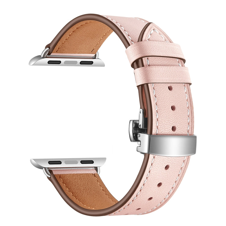 Genuine Leather + Butterfly Silver Buckle Replacement Watchbands For Apple Watch Series 6 &amp; SE &amp; 5 &amp; 4 40mm / 3 &amp; 2 &amp; 1 38mm, Silver Buckle For Apple Watch Series 7 41mm / 6 &amp; SE &amp; 5 &amp; 4 40mm / 3 &amp; 2 &amp; 1 38mm