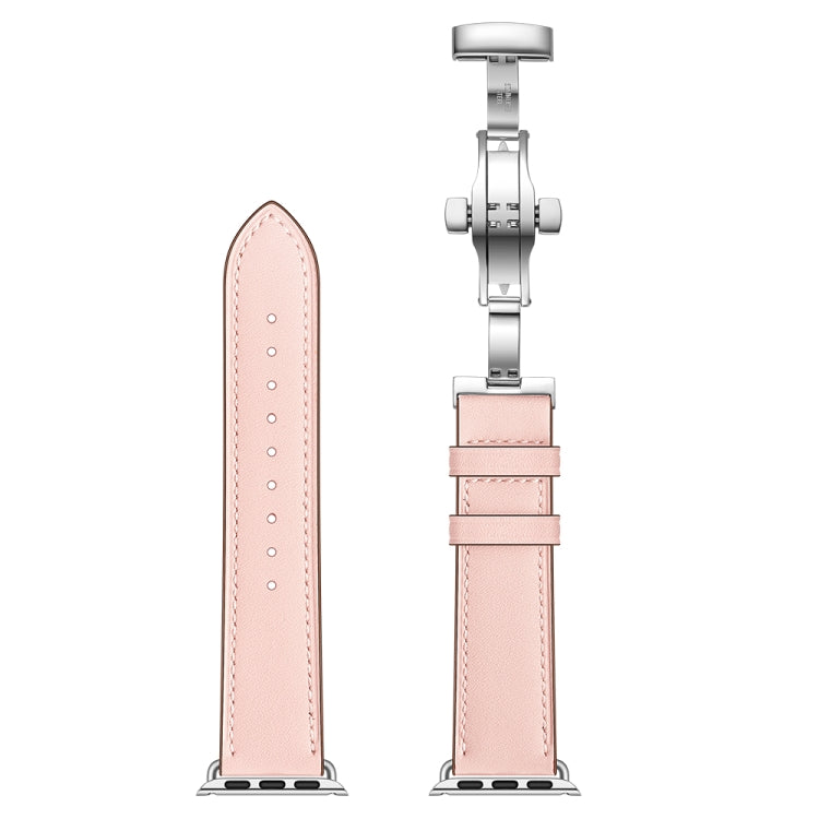 Genuine Leather + Butterfly Silver Buckle Replacement Watchbands For Apple Watch Series 6 &amp; SE &amp; 5 &amp; 4 40mm / 3 &amp; 2 &amp; 1 38mm, Silver Buckle For Apple Watch Series 7 41mm / 6 &amp; SE &amp; 5 &amp; 4 40mm / 3 &amp; 2 &amp; 1 38mm