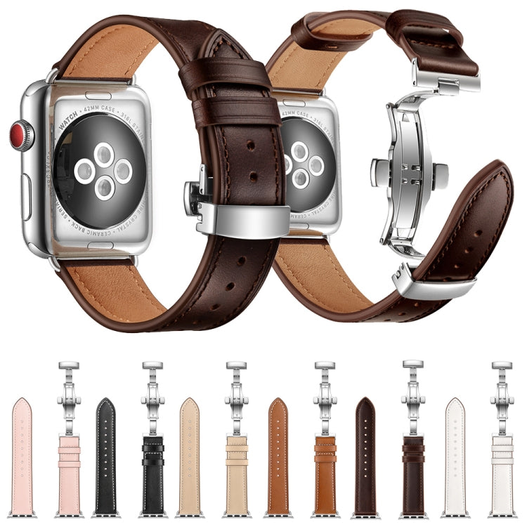 Genuine Leather + Butterfly Silver Buckle Replacement Watchbands For Apple Watch Series 6 &amp; SE &amp; 5 &amp; 4 40mm / 3 &amp; 2 &amp; 1 38mm, Silver Buckle For Apple Watch Series 7 41mm / 6 &amp; SE &amp; 5 &amp; 4 40mm / 3 &amp; 2 &amp; 1 38mm