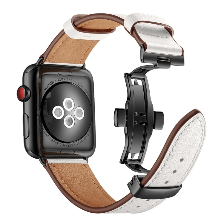 Genuine Leather + Butterfly Black Buckle Replacement Watchbands For Apple Watch Series 6 &amp; SE &amp; 5 &amp; 4 44mm / 3 &amp; 2 &amp; 1 42mm, Black Buckle For Apple Watch Series 7 45mm / 6 &amp; SE &amp; 5 &amp; 4 44mm / 3 &amp; 2 &amp; 1 42mm