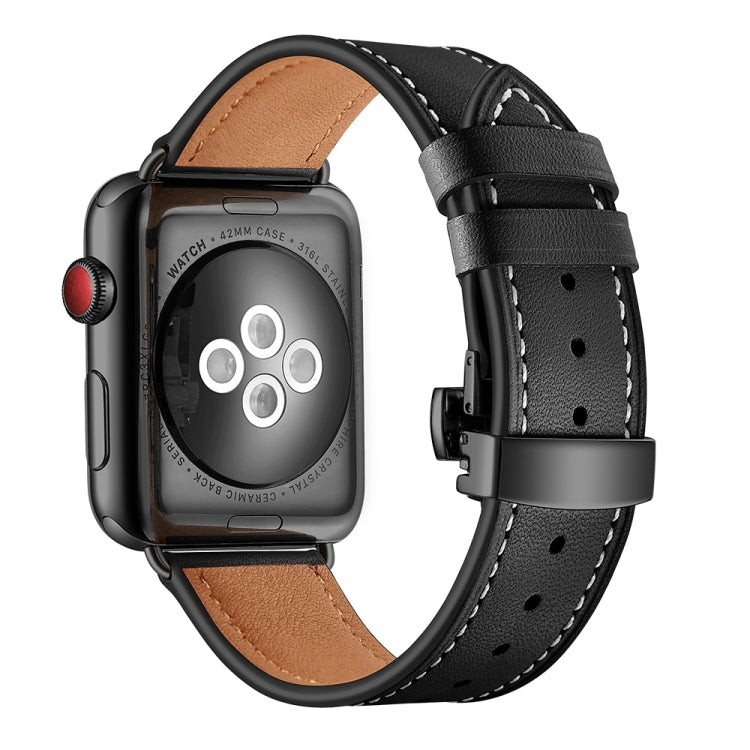 Genuine Leather + Butterfly Black Buckle Replacement Watchbands For Apple Watch Series 6 &amp; SE &amp; 5 &amp; 4 44mm / 3 &amp; 2 &amp; 1 42mm, Black Buckle For Apple Watch Series 7 45mm / 6 &amp; SE &amp; 5 &amp; 4 44mm / 3 &amp; 2 &amp; 1 42mm