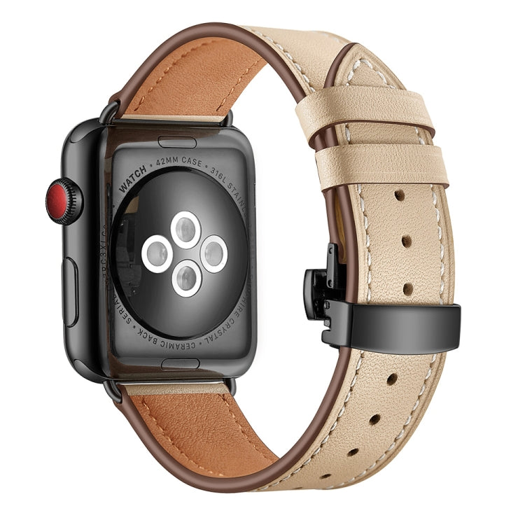 Genuine Leather + Butterfly Black Buckle Replacement Watchbands For Apple Watch Series 6 &amp; SE &amp; 5 &amp; 4 44mm / 3 &amp; 2 &amp; 1 42mm, Black Buckle For Apple Watch Series 7 45mm / 6 &amp; SE &amp; 5 &amp; 4 44mm / 3 &amp; 2 &amp; 1 42mm