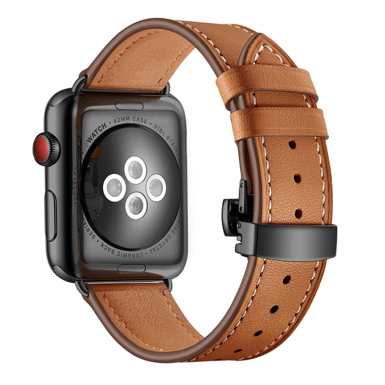 Genuine Leather + Butterfly Black Buckle Replacement Watchbands For Apple Watch Series 6 &amp; SE &amp; 5 &amp; 4 44mm / 3 &amp; 2 &amp; 1 42mm, Black Buckle For Apple Watch Series 7 45mm / 6 &amp; SE &amp; 5 &amp; 4 44mm / 3 &amp; 2 &amp; 1 42mm