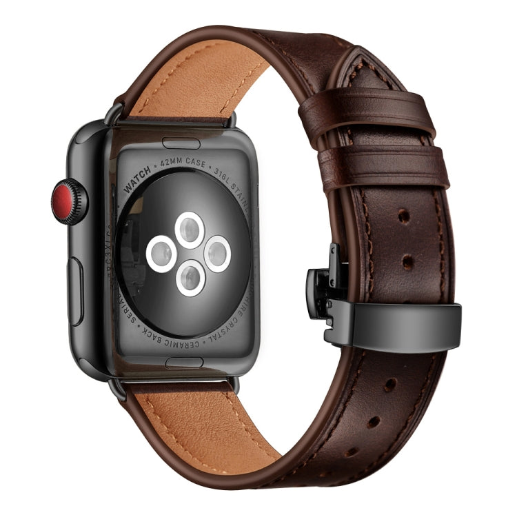 Genuine Leather + Butterfly Black Buckle Replacement Watchbands For Apple Watch Series 6 &amp; SE &amp; 5 &amp; 4 44mm / 3 &amp; 2 &amp; 1 42mm, Black Buckle For Apple Watch Series 7 45mm / 6 &amp; SE &amp; 5 &amp; 4 44mm / 3 &amp; 2 &amp; 1 42mm