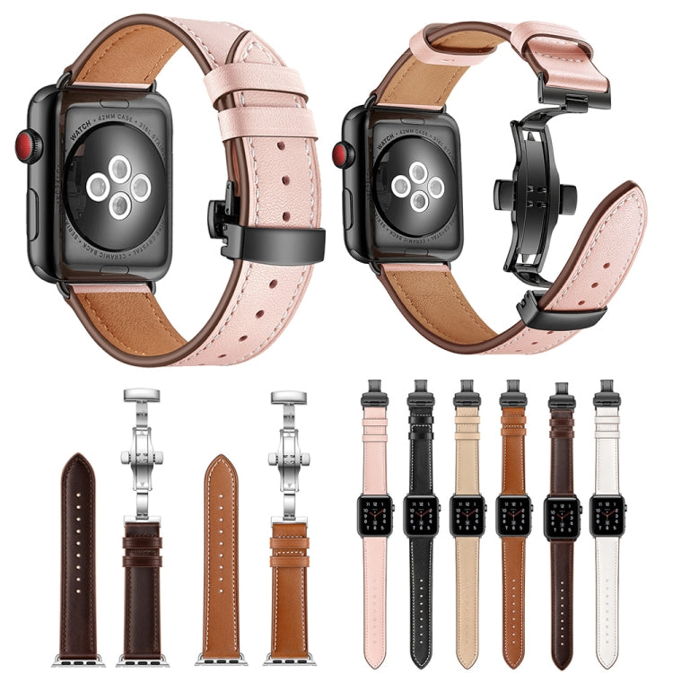 Genuine Leather + Butterfly Black Buckle Replacement Watchbands For Apple Watch Series 6 &amp; SE &amp; 5 &amp; 4 44mm / 3 &amp; 2 &amp; 1 42mm, Black Buckle For Apple Watch Series 7 45mm / 6 &amp; SE &amp; 5 &amp; 4 44mm / 3 &amp; 2 &amp; 1 42mm