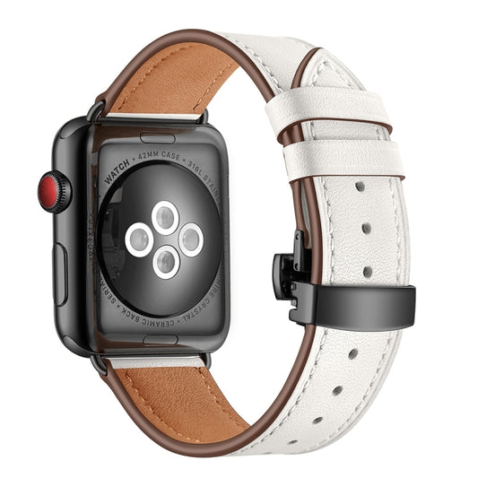 Genuine Leather + Butterfly Black Buckle Replacement Watchbands For Apple Watch Series 6 &amp; SE &amp; 5 &amp; 4 40mm / 3 &amp; 2 &amp; 1 38mm, Black Buckle For Apple Watch Series 8&amp;7 41mm / SE 2&amp;6&amp;SE&amp;5&amp;4 40mm / 3&amp;2&amp;1 38mm