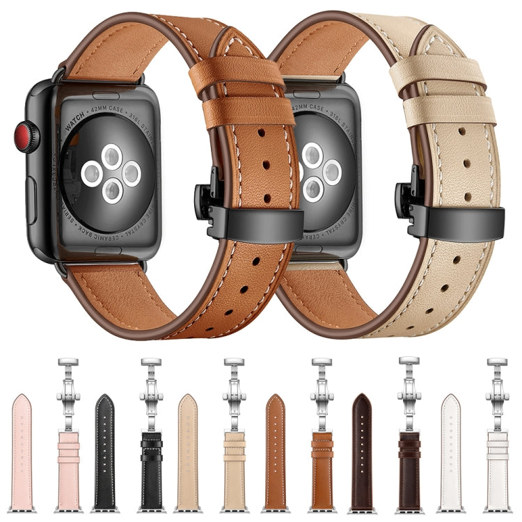 Genuine Leather + Butterfly Black Buckle Replacement Watchbands For Apple Watch Series 6 &amp; SE &amp; 5 &amp; 4 40mm / 3 &amp; 2 &amp; 1 38mm, Black Buckle For Apple Watch Series 8&amp;7 41mm / SE 2&amp;6&amp;SE&amp;5&amp;4 40mm / 3&amp;2&amp;1 38mm