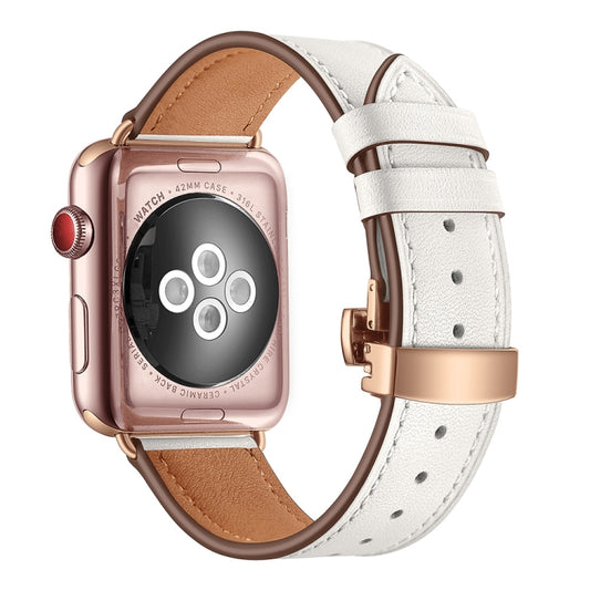 Genuine Leather + Butterfly Rose Gold Buckle Replacement Watchbands For Apple Watch Series 6 &amp; SE &amp; 5 &amp; 4 40mm / 3 &amp; 2 &amp; 1 38mm, Rose Gold Buckle For Apple Watch Series 7 41mm / 6 &amp; SE &amp; 5 &amp; 4 40mm / 3 &amp; 2 &amp; 1 38mm