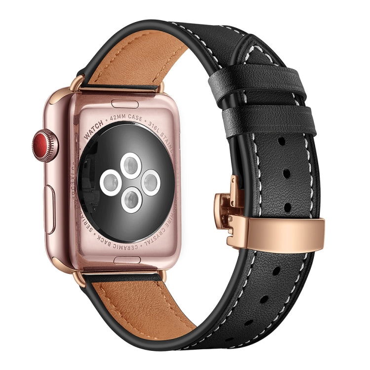 Genuine Leather + Butterfly Rose Gold Buckle Replacement Watchbands For Apple Watch Series 6 &amp; SE &amp; 5 &amp; 4 40mm / 3 &amp; 2 &amp; 1 38mm, Rose Gold Buckle For Apple Watch Series 7 41mm / 6 &amp; SE &amp; 5 &amp; 4 40mm / 3 &amp; 2 &amp; 1 38mm