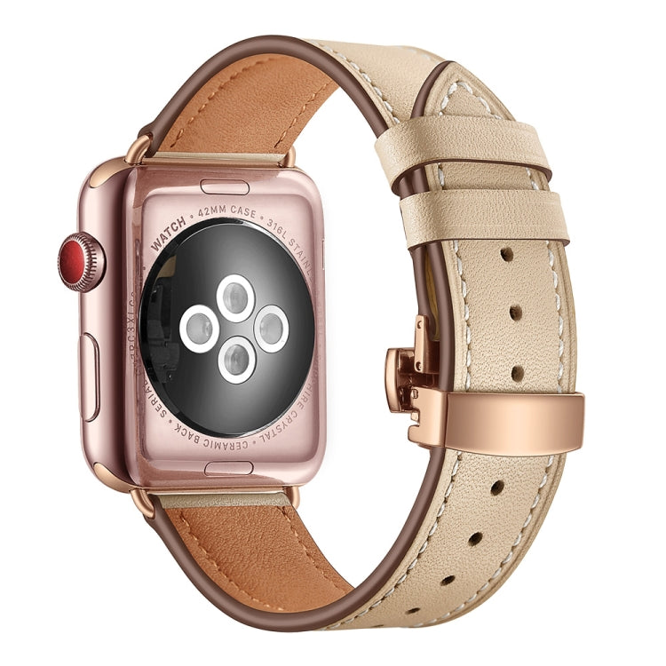 Genuine Leather + Butterfly Rose Gold Buckle Replacement Watchbands For Apple Watch Series 6 &amp; SE &amp; 5 &amp; 4 40mm / 3 &amp; 2 &amp; 1 38mm, Rose Gold Buckle For Apple Watch Series 7 41mm / 6 &amp; SE &amp; 5 &amp; 4 40mm / 3 &amp; 2 &amp; 1 38mm