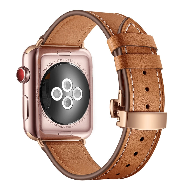 Genuine Leather + Butterfly Rose Gold Buckle Replacement Watchbands For Apple Watch Series 6 &amp; SE &amp; 5 &amp; 4 40mm / 3 &amp; 2 &amp; 1 38mm, Rose Gold Buckle For Apple Watch Series 7 41mm / 6 &amp; SE &amp; 5 &amp; 4 40mm / 3 &amp; 2 &amp; 1 38mm