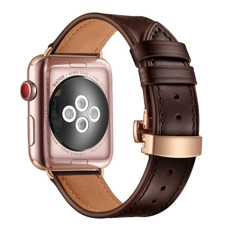 Genuine Leather + Butterfly Rose Gold Buckle Replacement Watchbands For Apple Watch Series 6 &amp; SE &amp; 5 &amp; 4 40mm / 3 &amp; 2 &amp; 1 38mm, Rose Gold Buckle For Apple Watch Series 7 41mm / 6 &amp; SE &amp; 5 &amp; 4 40mm / 3 &amp; 2 &amp; 1 38mm