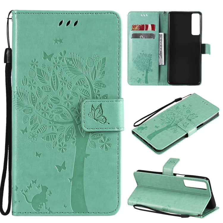 Tree & Cat Pattern Pressed Printing Horizontal Flip PU Leather Case with Holder & Card Slots & Wallet & Lanyard, For LG Stylo 7 5G / 4G, For OPPO F19 / A74 4G