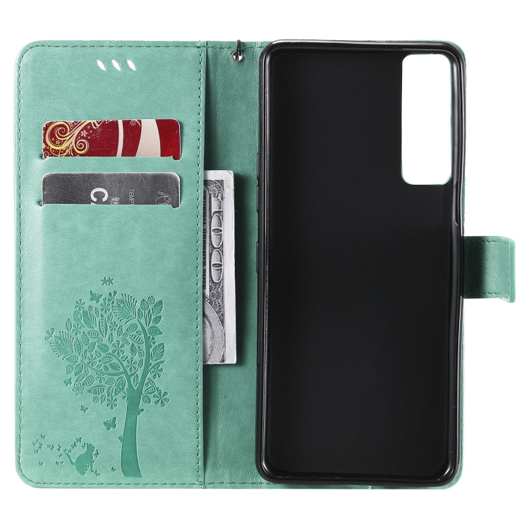 Tree & Cat Pattern Pressed Printing Horizontal Flip PU Leather Case with Holder & Card Slots & Wallet & Lanyard, For LG Stylo 7 5G / 4G, For OPPO F19 / A74 4G